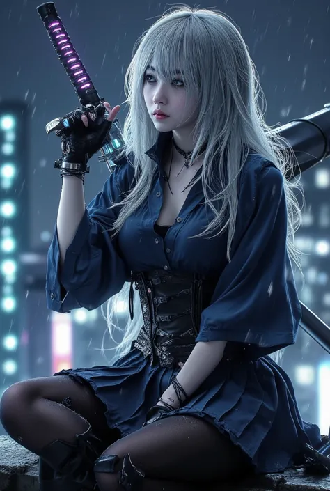  Full body image of an 18-year-old young woman with Japanese features . She has long ash-white hair .  Large, slightly torn sky blue eyes with black eyeliner.  She wears an almost black navy blue Filipina uniform with wide sleeves ,  the first button is un...