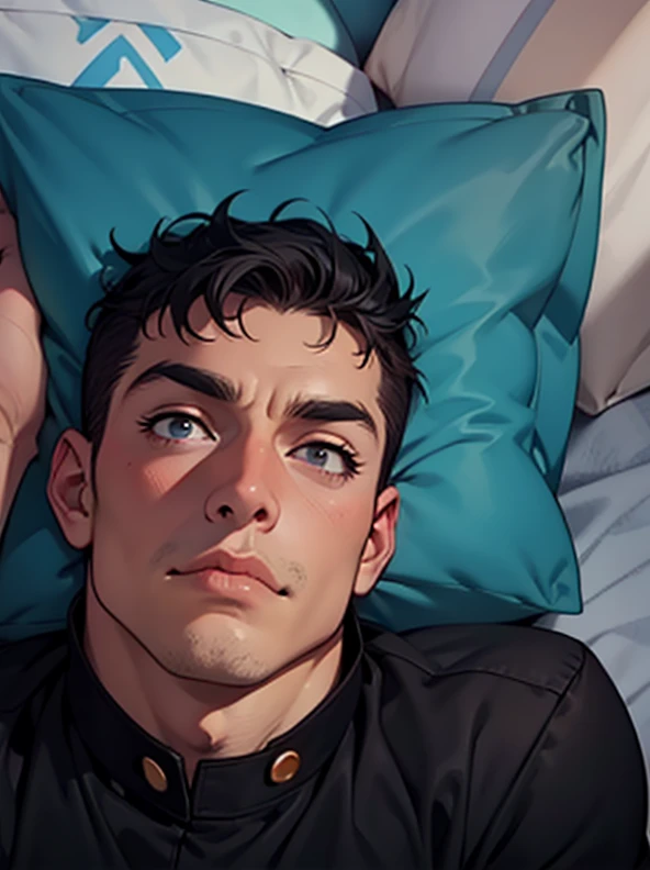 arafed man laying in bed with a pillow and a pillow on his head, squinting, around 1 , andres rios, very very low quality picture, laying in bed, 2 , on my bed, tired face, 2 , he is very relaxed, 2 , HD, (Best Detail), (Best Quality), (JOJO), Yuhiko Araki...