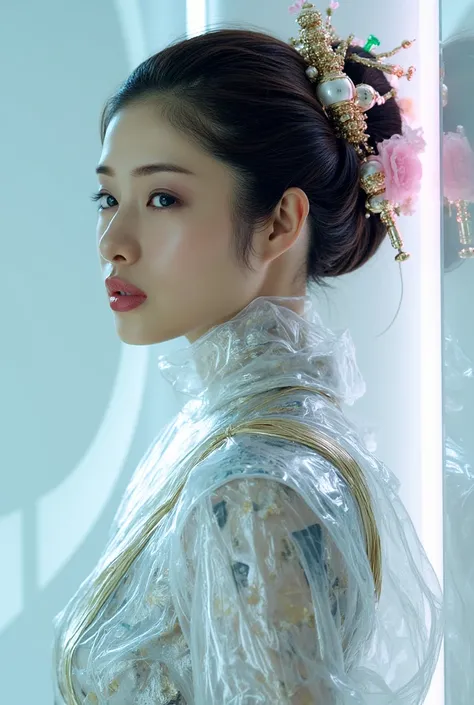  Picture of a Japanese female android in her mid-20s made of shiny white and silver translucent glass and plastic,  Geisha Makeup and Hairstyles , Silvery metal interior ,  Dynamic Poses for Play,  flowing organic structure , Shiny Gold Circuit , colorful ...