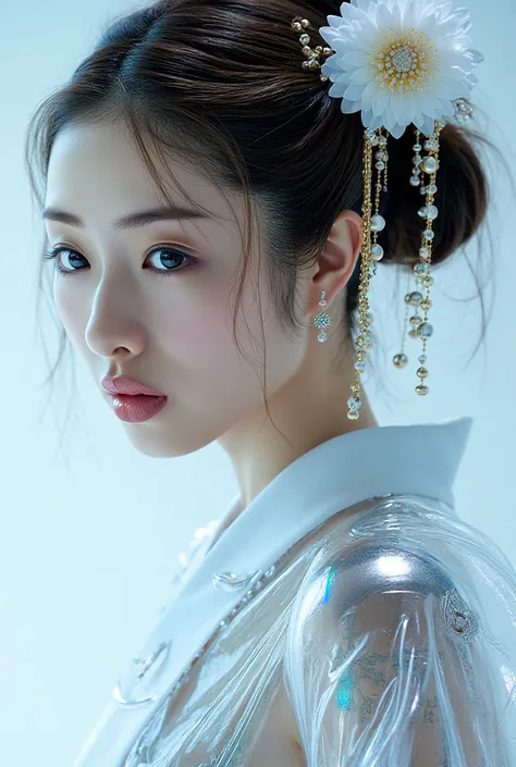  Picture of a Japanese female android in her mid-20s made of shiny white and silver translucent glass and plastic,  Geisha Makeup and Hairstyles , Silvery metal interior ,  Dynamic Poses for Play,  flowing organic structure , Shiny Gold Circuit , colorful ...