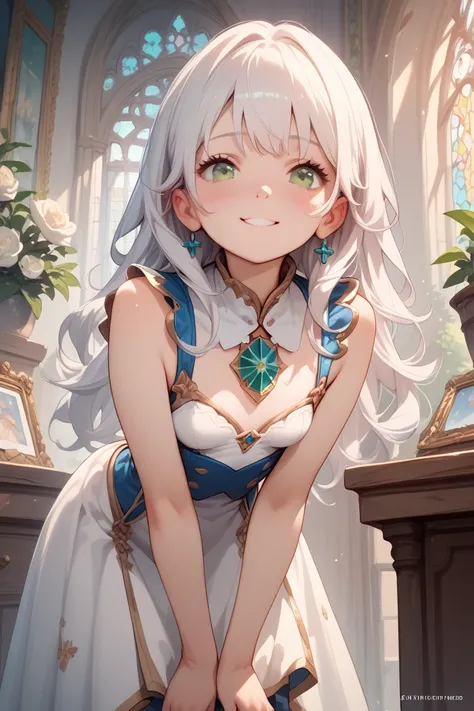 ((best quality)), ((masterpiece)), (detail), 1 girl, fair skin, white hair, bangs, long hair, bright green eyes, small breasts, petit, shy smile, blush, leaning forward, 