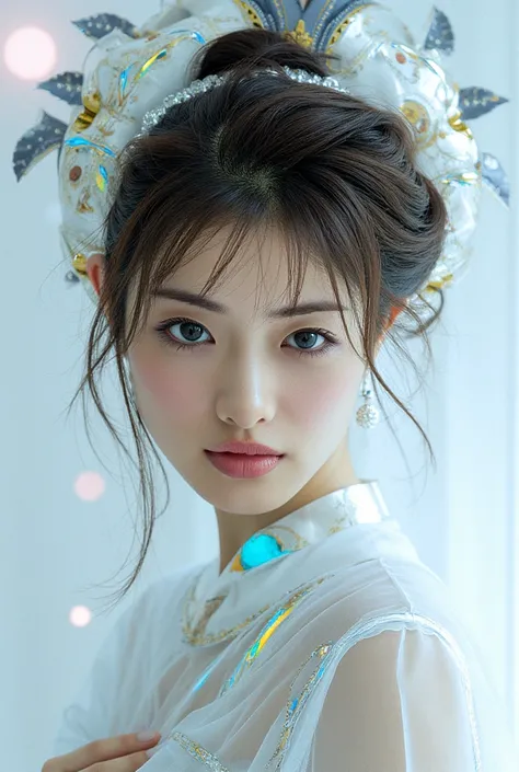  Picture of a Japanese female android in her mid-20s made of shiny white and silver translucent glass and plastic,  Geisha Makeup and Hairstyles , Silvery metal interior ,  Dynamic Poses for Play,  flowing organic structure , Shiny Gold Circuit , colorful ...