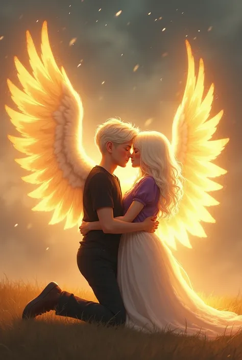  His enormous wings shone with a golden light so intense that it seemed to illuminate the very cloudy sky.  Her snow-white hair reflected the glow ,  and his fists emanated an energy so pure and powerful that the surrounding air vibrated .  

 Joey was kne...