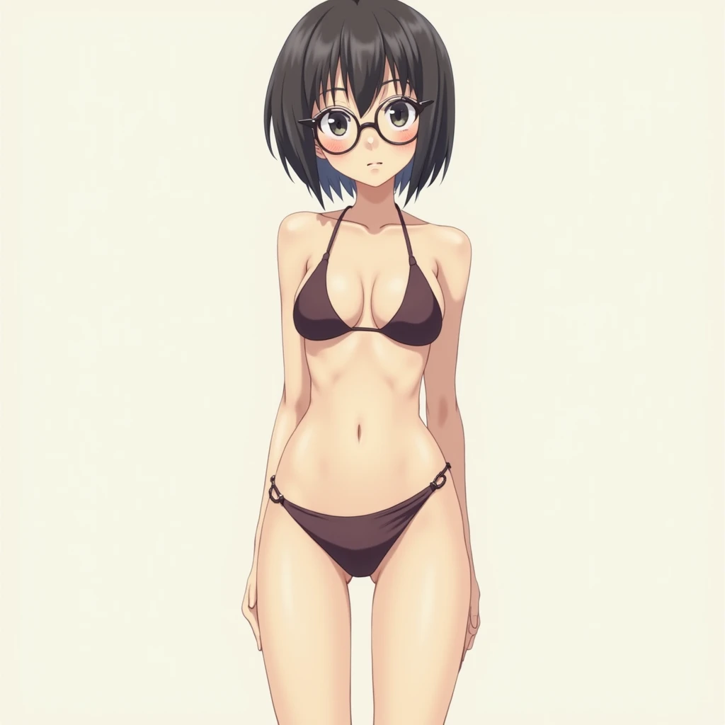  real photo , short hair, bikini,whole body,Slanted Eyes, Japanese, girl,Glasses,Plain,