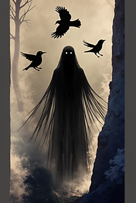  Create an image using a ghost with a black head, dark eyes and 3 birds around the ghost's head, which is looking straight ahead, levitating and behind a somewhat mysterious space for the cover of a book  . Inspired by this image 