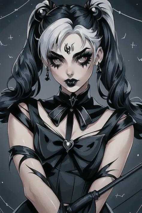  masterpiece,  best quality, 1 girl, Gothic, black lips, Alone ,  black hair, gothic makeup,  twin pigtails , sailor moon, blue fringe ,   white hair,   bicolor hair ,   fishing nets,  hair ornament , symbolic goth ( Genshin Impact)