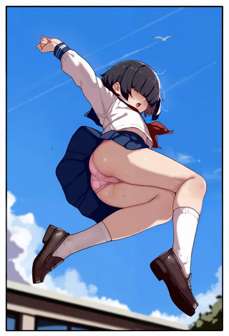 by todding, 1girl, loli, young girl, school uniform, black hair, short hair, blunt bangs, hair over eyes, white serafuku, blue skirt, white socks, loafer shoes, jumping, pantyshot, pink panties, blue sky, (film border), fake photograph, masterpiece, best q...