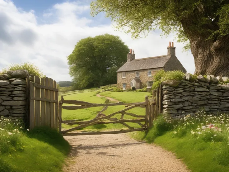  Wooden farm gate in the foreground on an old dry stone wall with grass and plants .  foreground English country house and trees with a field in front with scattered wild flowers and a path to the door. atmospheric sky in the background .  Hi res . realist...