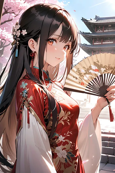 1 girl, (cute face), Chinese, (long hair), (elegant expression), small breasts, (wearing traditional Chinese palace dress), (silk, embroidered), flowing sleeves, intricate patterns, 
BREAK 
Imperial palace, ornate architecture, cherry blossoms, (standing g...