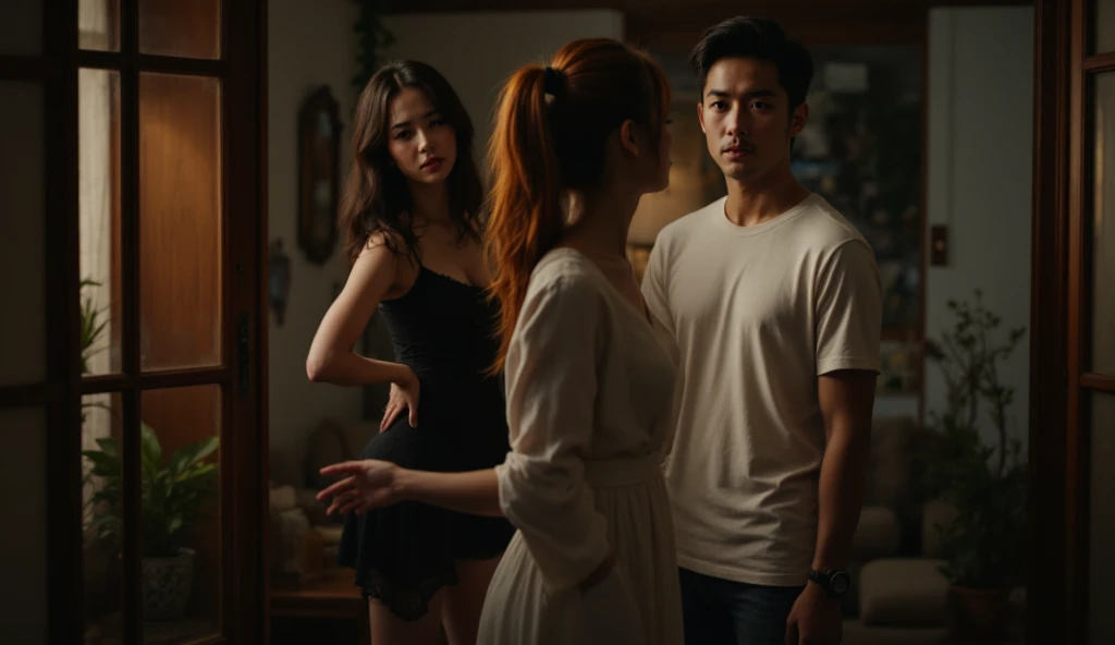 "Tense family scene in the living room, when Vina, a beautiful 40-year-old big-breasted Japanese woman wearing a black mini dress, confronts Arga, a 19-year-old handsome Japanese man wearing a white t-shirt and jeans about his relationship with a beautiful...