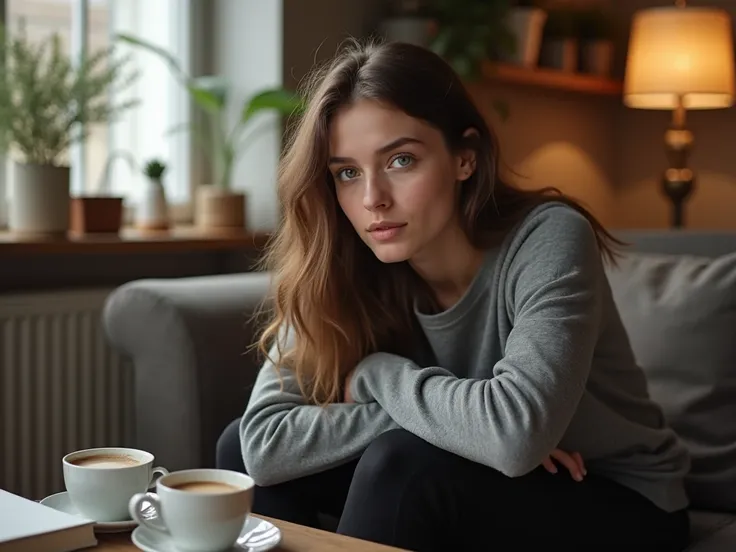 
realistic natural image " a young woman, 25 years,  with wavy brown hair up to the shoulders ,  green eyes,  looking at the screen,  fair skin ,  wearing a gray sweatshirt and black leggings ,  sitting on a couch with books and a cup of coffee on the tabl...