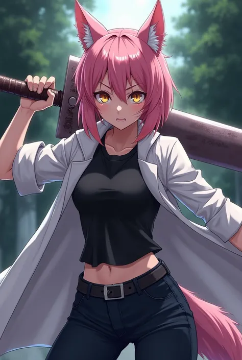  an anime werewolf girl ,  fair skin ,  pink hair,  golden eyes, white coat,  black t-shirt,  black pants ,  serious and furious expression, wielding a heavy sword.
