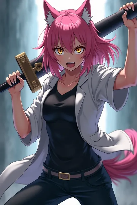  an anime werewolf girl ,  fair skin ,  pink hair,  golden eyes, white coat,  black t-shirt,  black pants ,  serious and furious expression, wielding a heavy sword.
