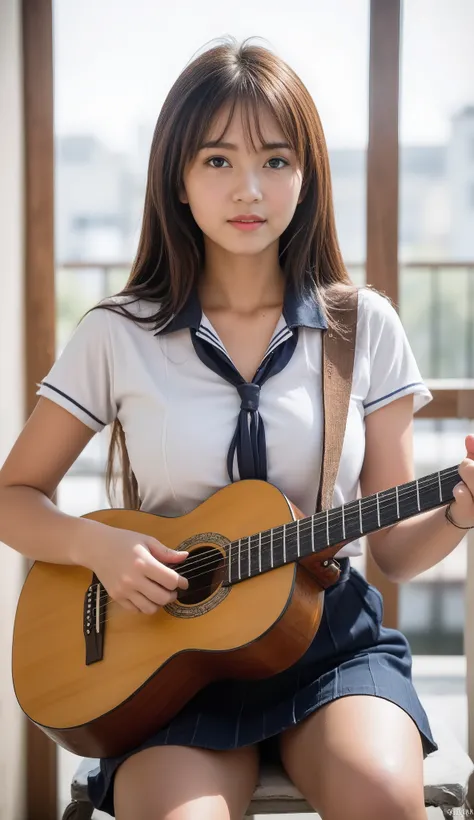  Top Quality , ultra high definition , schoolgirl ,1 person, whole body ,ผมดำ, Looks so cool., smiling for camera ,Look into the camera,beautiful skin , High school uniform Stripes , tied, small breasts, square skirt , after-school class ,Guitar sitting po...