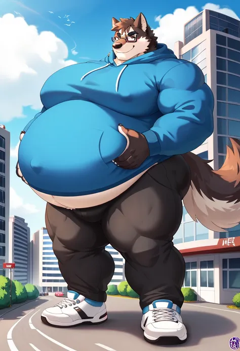 Scribble wolf face,furry(wolf), chubby, big large hyper giant chubby, big large giant macro hyper belly, big strong muscle,( black eyebrows :1.1),(perfect eyes), fur，alone,（artist:takemoto arashi),（nerd:1.3）， standing, Sneakers，，（Civil :1.3, Hoodie, pants,...