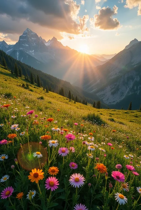 Prompt:
"A breathtaking mountain meadow at sunrise, with vibrant wildflowers in full bloom covering the rolling hills. The sun's rays break through scattered clouds, casting golden light and soft shadows across the landscape. In the distance, majestic moun...