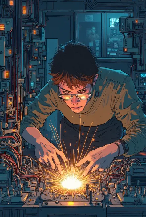 A young man, resembling the anime style, with brown hair and glasses, is intensely focused on a complex array of glowing wires, circuit boards, and futuristic components. He's hunched over a workbench in a dimly lit laboratory, meticulously assembling a ti...