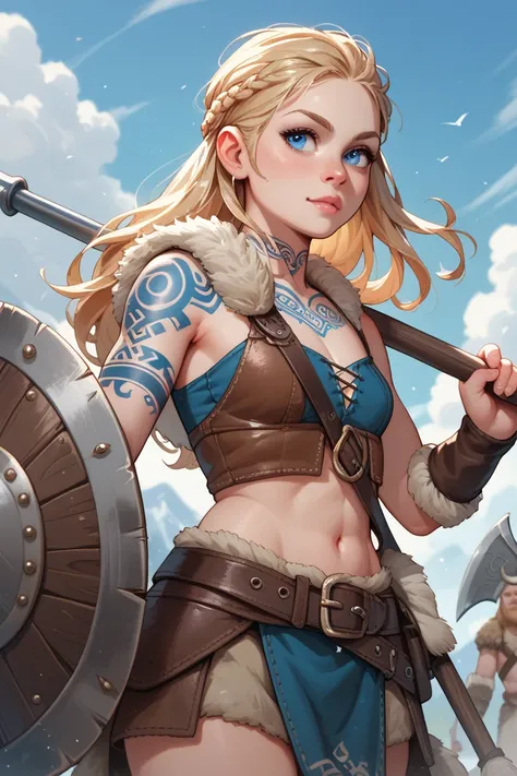 1 loli, from the middle ages,  blond hair,  blue eyes,  blue tattoos, viking,  holding an axe and a shield