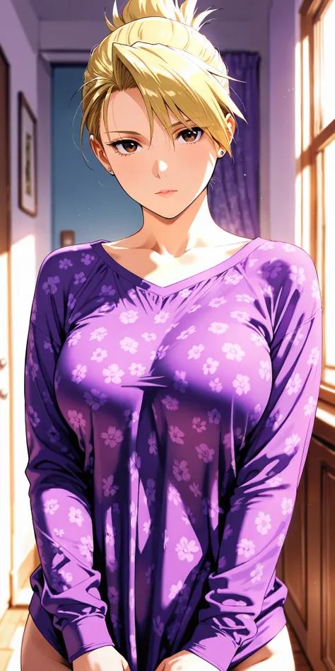 Masterpiece, mature woman, riza hawkeye, slim, upper body, long sleeve shirt, ultra detailed, highres, absurdres, home, portrait, semi realistic, purple colour costume, printed pattern in royal looks.