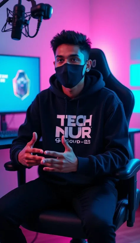 An Indian man sitting confidently on a modern gaming chair in his YouTube studio. He is wearing a bright black hoodie with "TECH NUR 02" boldly printed on it. His face is clearly visible and expressive despite wearing a sleek black COVID-19 mask. The man i...