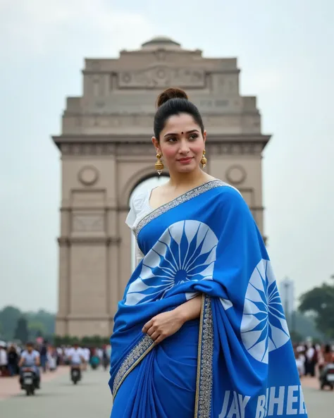 "Create a highly realistic image of a beautiful and confident 23-year-old Indian girl with an attractive appearance, wearing a stunning traditional blue saree with elegant golden borders. She stands proudly in front of the India Gate in New Delhi, holding ...
