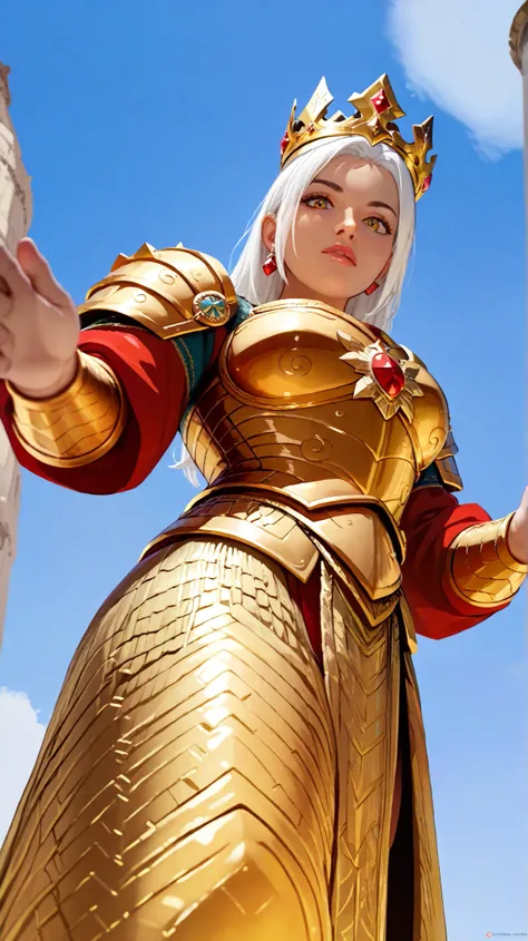 woman ,  with long white hair,  yellow eyes , wearing golden armor,  wearing a golden crown with red stones,   Worm’s Eye View (Earthworm Angle — Extremely Low)