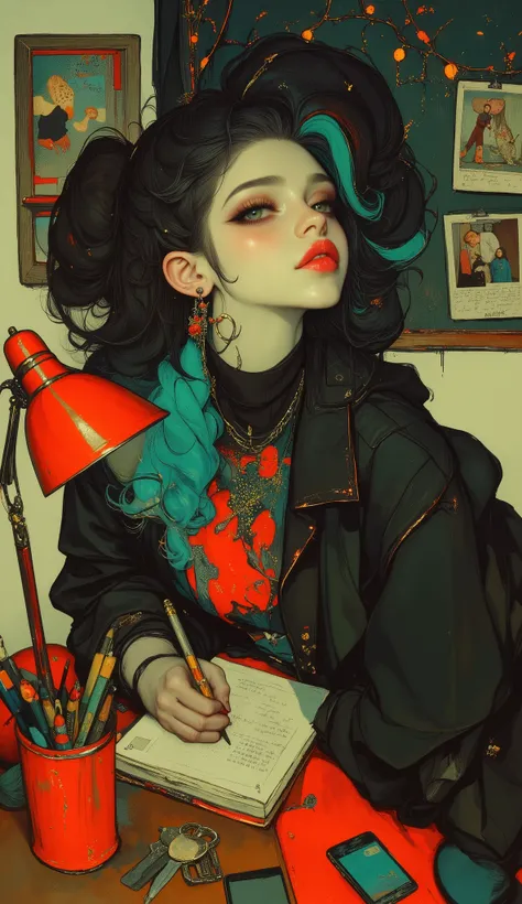 a general shot of a young woman modern and fun clothes, with loose black hair and cyan highlights , has part of her hair tied up with a somewhat unkempt and fluffy bun , earrings with rings , makeup red and fleshy lips , abundant and long false eyelas...