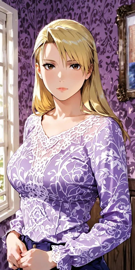 Masterpiece, mature woman, riza hawkeye, slim, upper body, long sleeve shirt, ultra detailed, highres, absurdres, home, portrait, semi realistic, purple colour costume, printed pattern in royal looks.