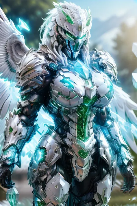 White eagle, beautiful white eagle head, white armor, heavy crystal armor, green wind elemental, green aura, muscle woman body, green background