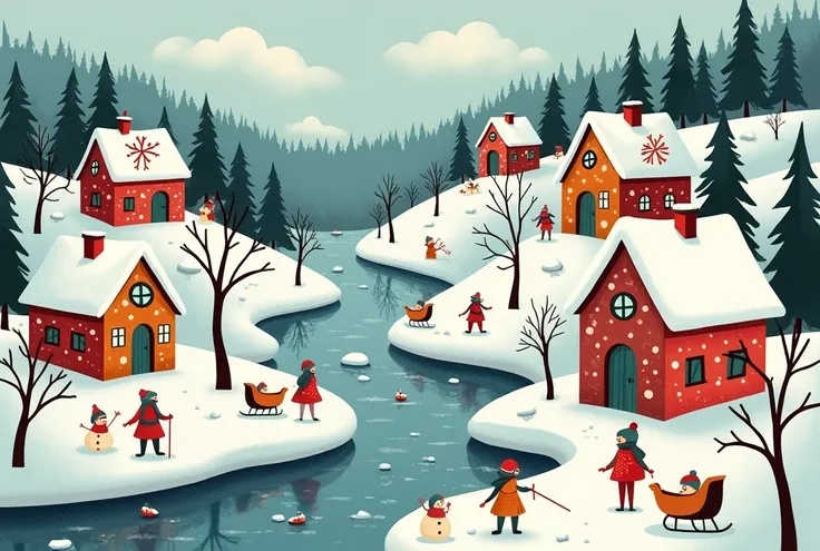 Charming Winter Scenery 、 Whimsical Scandinavian Scenery 、 Winter Folk Art 
