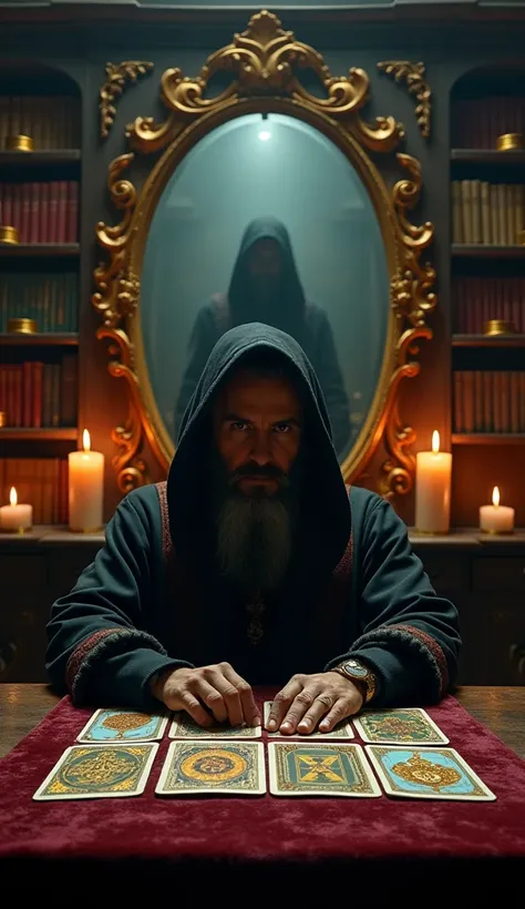  A cinematographic photo of a mysterious seer sitting in front of a table covered by a velvety cloth,  filled with tarot cards arranged in an enigmatic pattern .  His eyes shine with profound knowledge as he slides his fingers over the cards ,  as if you h...