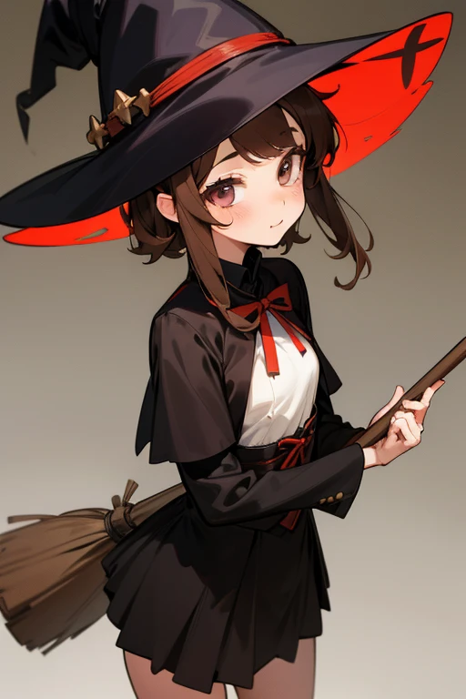  top quality,   super high resolution, (( cute middle school girl)),( small tits),seabed、Chili chili brown hair、 dark eyes、witch、big brim hat、 black costume、 has a broom 