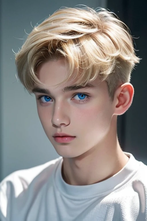 18-year-old man with short blond hair, with pink lips, with a small nose, with the bangs on his forehead a little long ,  as far as they reach his eye ,  and his blue eyes with broad shoulders , puffy nipples .