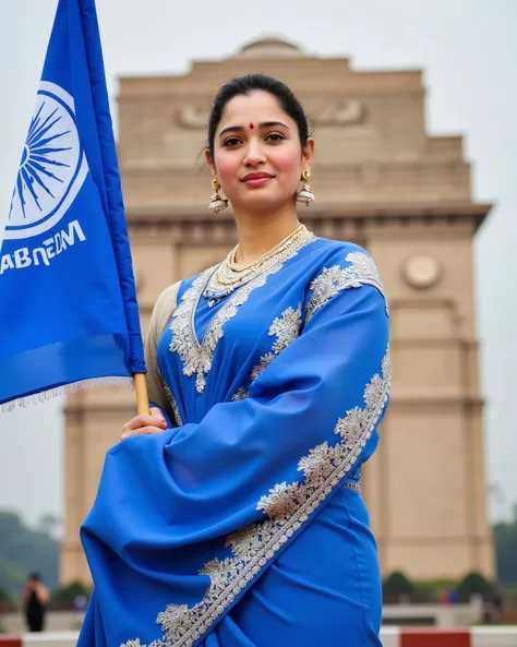 "Create a highly realistic image of a beautiful and confident 23-year-old Indian girl with an attractive appearance, wearing a stunning traditional blue saree with elegant golden borders. She stands proudly in front of the India Gate in New Delhi, holding ...