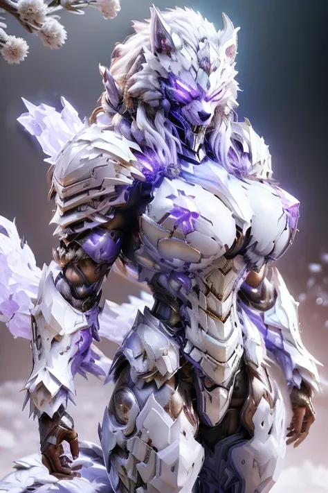 White wolf, white wolf head, white armor, heavy crystal armor, purple thunder elemental, purple aura, muscle woman body, purple background