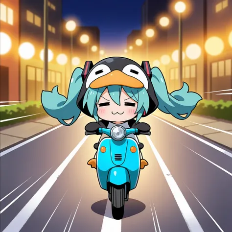 1girl, hatsune_miku, chibi, :3, =_=, penguin_hood, penguin_costume, riding scooter, on scooter, road, three_quarter_view, motion_blur, motion_lines, speed_lines, anime_screencap, bokeh, masterpiece, best quality, perfect anatomy, very aesthetic, amazing qu...