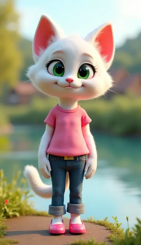  High-quality 3D rendering of an anthropomorphic white fluffy sexy female kitten mother with expressive green eyes,  wearing a pink T-shirt and jeans ,  pink high heels . Standing on the riverbank .  The background displays a cozy rural atmosphere ,  adds ...