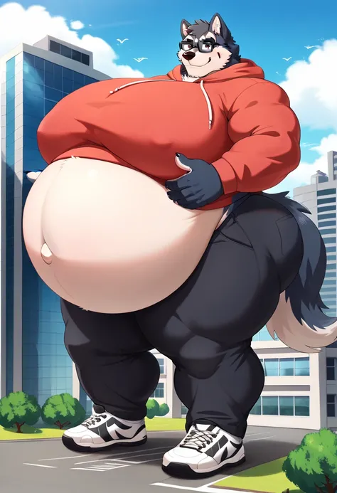 Scribble wolf face,furry(wolf), chubby, big large hyper giant chubby, big large giant macro hyper belly, big strong muscle,( black eyebrows :1.1),(perfect eyes), fur，alone,（artist:takemoto arashi),（nerd:1.3）， standing, Sneakers，，（Civil :1.3, Hoodie, pants,...