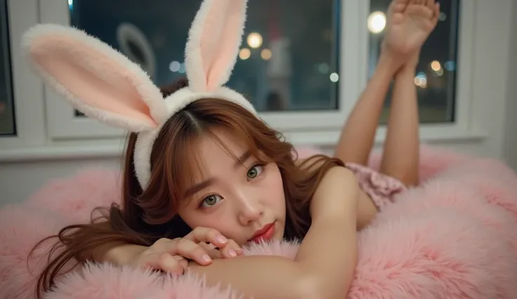 headband of furry white rabbit ears a Beautiful young Korean Sury woman, , long soft light brown wavy K pop hair, green eyes, freckles with pale white skin, clear lip gloss, biting her nail, selfie lying face down on a furry pink puff with her legs raised,...