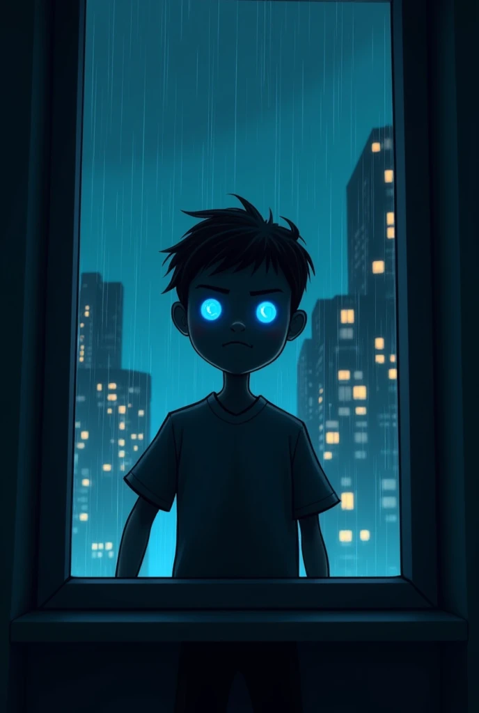  Make the image of a  who is greeting tetrically from behind a window .  That behind him there are buildings with lots of lights and it's raining .  That this  has a blue face ,  but that it can hardly be seen in the dark outside .  That the image is in fi...