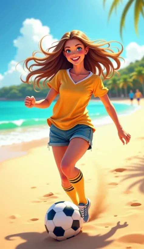 Smiling cheerful suntanned highschool soccer player girl with very long down loose hair down to her hips and blue eyes playing soccer on the beach on a hot sunny summer day 