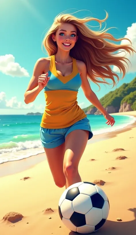 Smiling cheerful suntanned highschool soccer player girl with very long down loose hair down to her hips and blue eyes playing soccer on the beach on a hot sunny summer day 