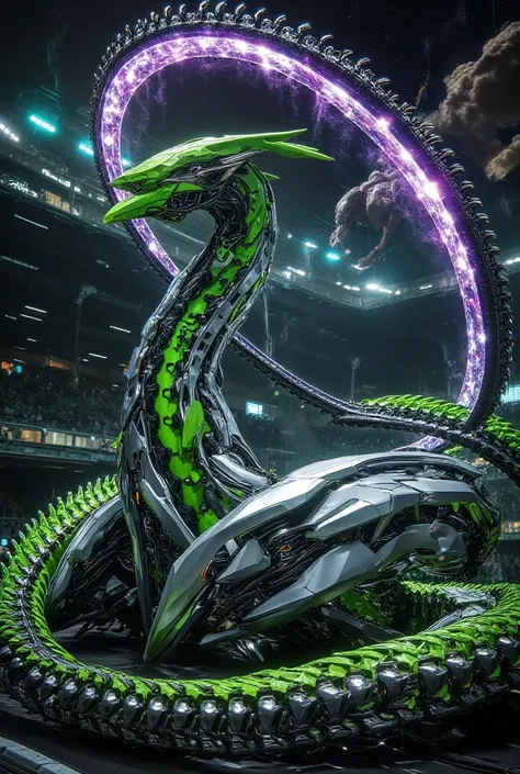 Modern event musical stadium green-metallic comic Greek modern hybrid silver green orange creatures Eagle-humanoid-cyborg-serpent, cosmic Aliens universes moons purple orbiting in various green dragons chrome blackish, lightnings celebrating comets blue mo...