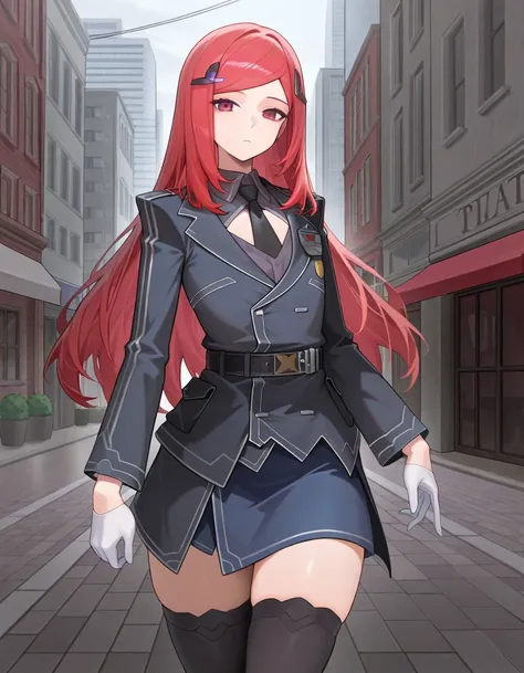 masterpiece,best quality,absurdres,highres,
1girl,flat chest,mature female,outdoors,city,street,expressionless, 
b11agde,long hair,red eyes,red hair,hair ornament,swept bangs,hairclip,looking at viewer,,long sleeves, jacket, collared shirt, belt, black thi...