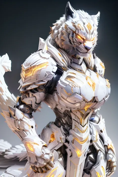 White tiger, white tiger head, white armor, heavy crystal armor, yellow light elemental, yellow aura, muscle woman body, yellow background