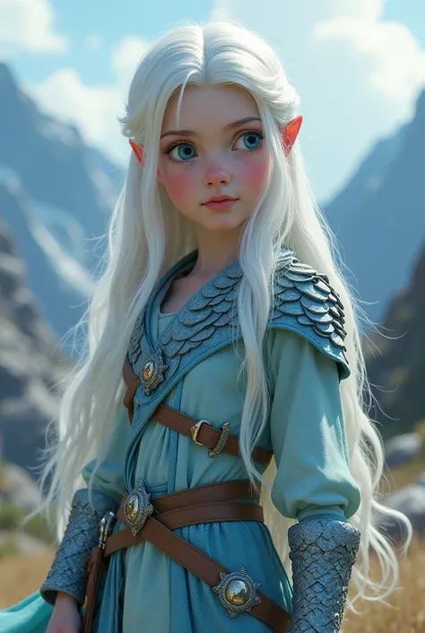 Please create a  teenage viking from the world of "how to train your dragon" with blue eyes, long straight white hair and pale skin while wearing a light fury scale costume?