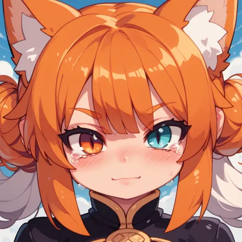  1 woman( heterochromic iridosis eye(Blue and gold )、 Masterpiece,  top quality,  amazing quality,   very aesthetic  ,  high resolution,  Super Detail,   is ridiculous)、indoor(Blacksmith)、 Orange Hair( very short( Unkempt Hair)、 fox ear( white hair on the ...