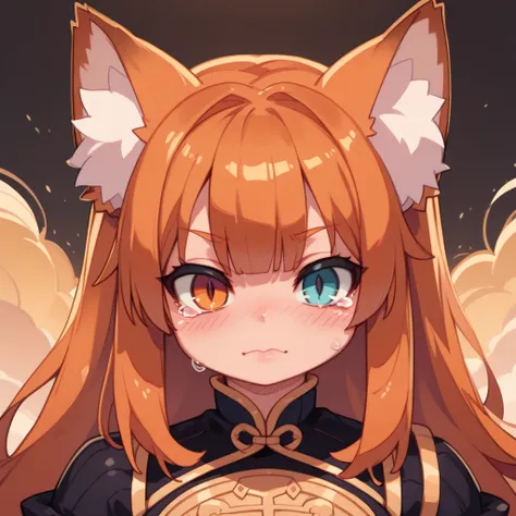  1 woman( heterochromic iridosis eye(Blue and gold )、 Masterpiece,  top quality,  amazing quality,   very aesthetic  ,  high resolution,  Super Detail,   is ridiculous)、indoor(Blacksmith)、 Orange Hair( very short( Unkempt Hair)、 fox ear( white hair on the ...