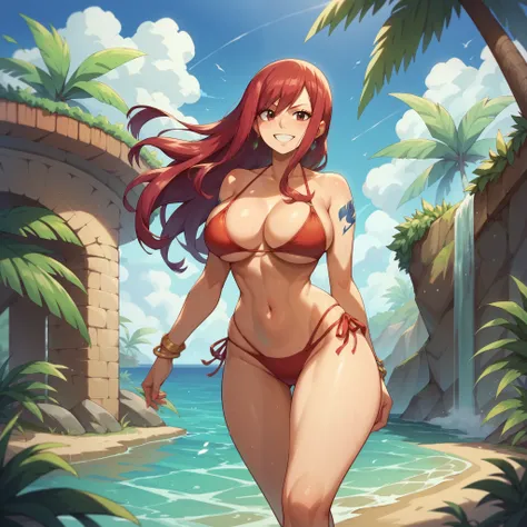  erza scarlet  (Fairy Tail ) ( big breasts),   bikini black.  smile,  Big breasts,  bikini black, He is walking on a tropical wave