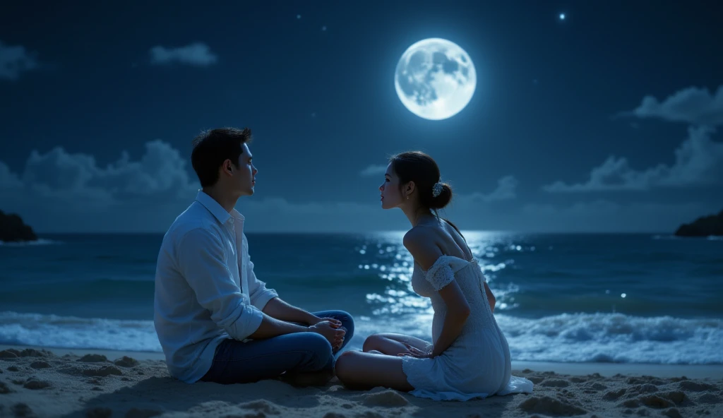 Romantic beach scene at night, with Arga, a handsome 19 year old Japanese man wearing a white shirt, jeans and big breasted miyabi, beautiful pregnant woman in a white mini dress sitting on the sand, looking up at the starry sky. The moonlight reflects on ...